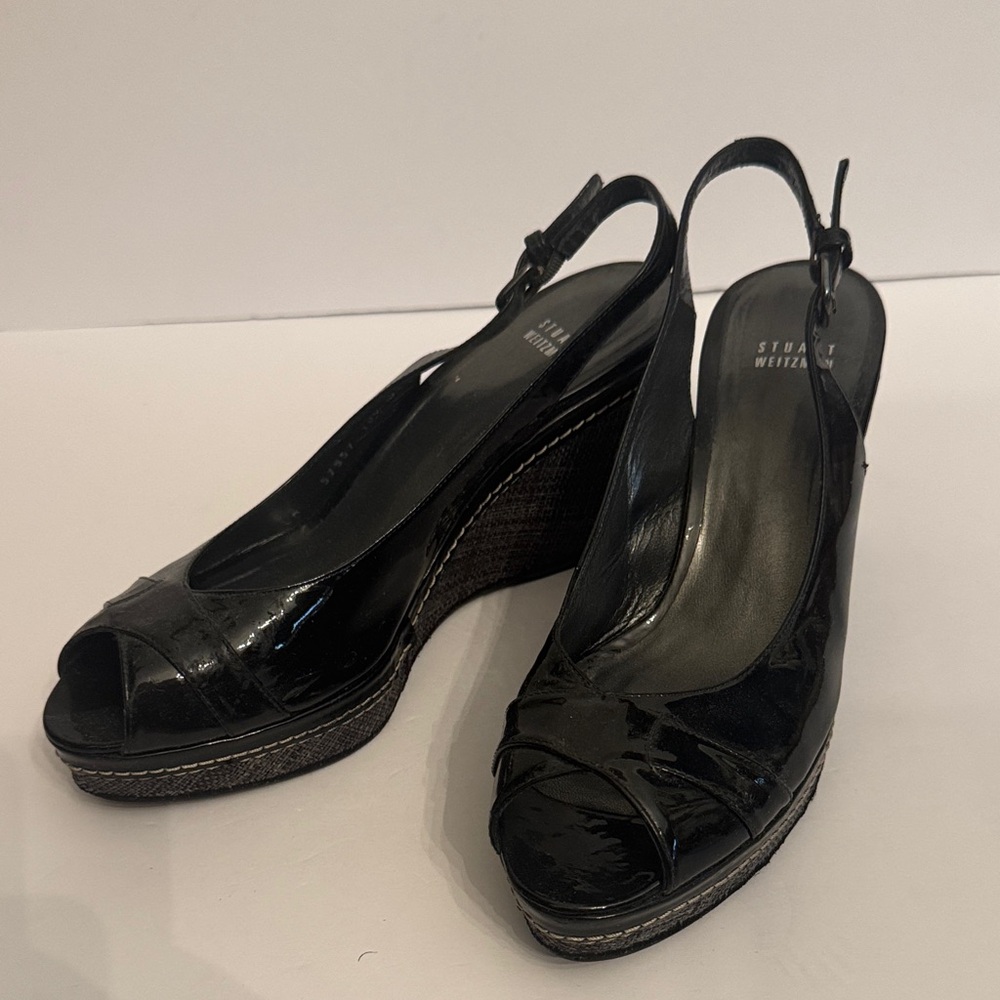 NWOT Stuart Weitzman 10-1/2 narrow Glossy Black Wedge Heels